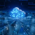 Cloud Communications with a cloud symbol linked by glowing lines to server racks, representing cloud technology, data transfer, and digital network infrastructure