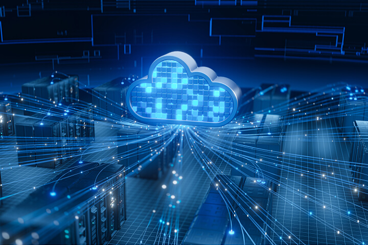 Cloud Communications with a cloud symbol linked by glowing lines to server racks, representing cloud technology, data transfer, and digital network infrastructure