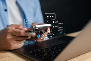 Man at his desk using AI call intelligence on his phone and laptop
