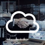 Cloud Communications Partner with a virtual cloud icon and reports over two business people shaking hands