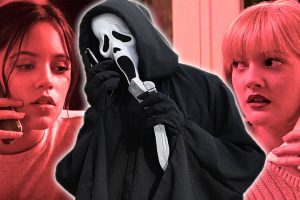 Collage of Scream movie actors in telephony scenes