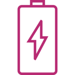 Battery backup icon in pink. Lightening bolt on the battery indicating a full charge.