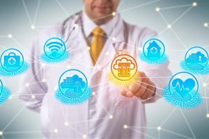 Medical doctor selecting a Secure VoIP graphic icon for his cloud phone system