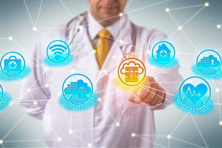 Medical doctor selecting a Secure VoIP graphic icon for his cloud phone system