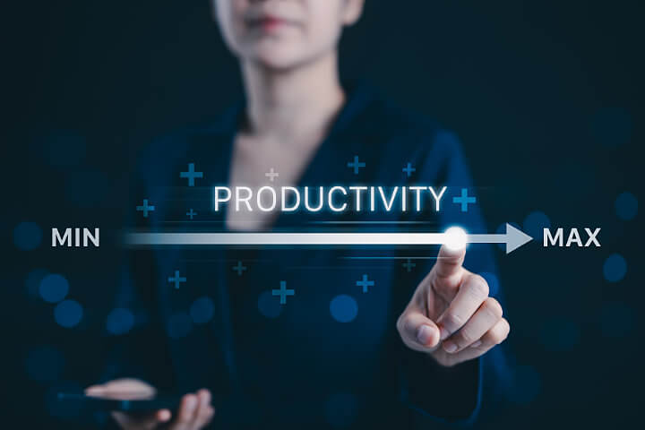 Productivity tools for teams: woman moving a virtual link to max Productivity