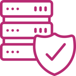 Icon of a security badge with a check mark on it in front of a server all in pink, representing AirDial's compliance.
