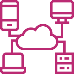Icon of phone, laptop, desktop and server connected together to a cloud in the middle.