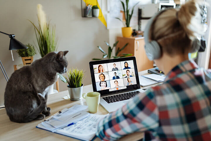 Remote job worker on a headset at her home desk with her cat